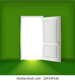 Vector open door concept. Front view door. Lighting opened door at the green wall in an empty room.