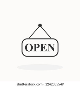 Vector open door sign. Label with text in flat style. Vector illustration