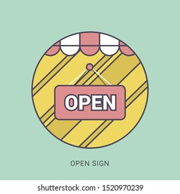 Vector open door sign. Label with text in flat style. solid color with outline concept.