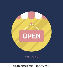 Vector open door sign. Label with text in flat style. Minimal flat icon