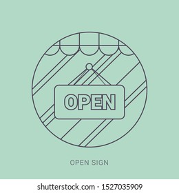 Vector open door sign. Label with text in flat style. 