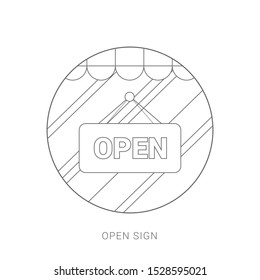 Vector open door sign. Label with text in flat style. 
