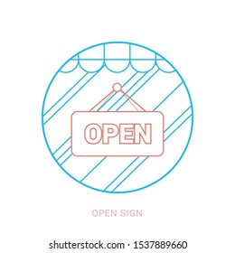 Vector open door sign. Label with text in flat style.
