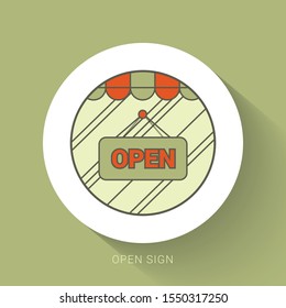 Vector open door sign. Label with text in flat style.