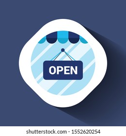 Vector open door sign. Label with text in flat style.