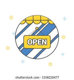 Vector open door sign. Label with text in flat style.