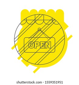 Vector open door sign. Label with text in flat style.