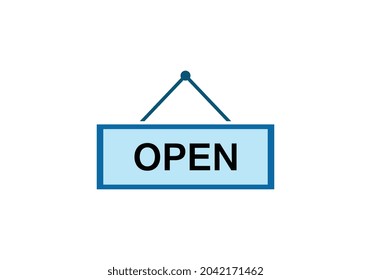 Vector open door sign. Label with text in flat style. Vector illustration