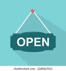 Vector open door sign. Label with text in flat style. Vector illustration