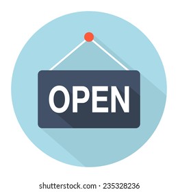 Vector open door sign. Label with text in flat style. Vector illustration