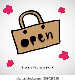 Vector open door sign. Label with text in flat style. hand drawn style, Illustration EPS10 great for any use.