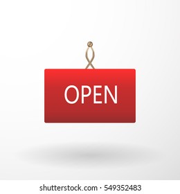 Vector open door sign. Label with text in flat style. Vector illustration