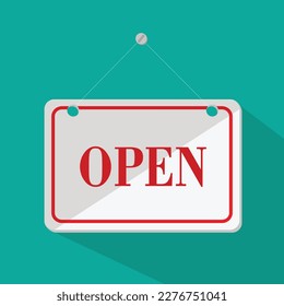 Señal de puerta abierta del vector - etiqueta roja con texto de estilo plano y sombra de moda