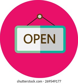 Vector open door sign - red label with text in flat style and trendy shadow