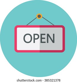 Señal de puerta abierta del vector - etiqueta roja con texto de estilo plano y sombra de moda