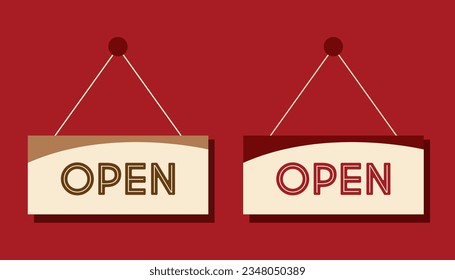 Vector open door signs. Flat style. Isolated on a red background.	
