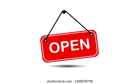 Vector Open door, store, online shop sign symbol in red  color with open text in flat style design. 