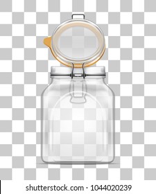 Vector open empty Bale Square Glass Jar with Swing Top Lid and rubber gasket isolated on transparent background. Realistic illustration.