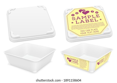 Vector open empty square plastic container with round tabs and blanks as motionless locking system for butter, yoghurt or melted cheese. Packaging mockup illustration.