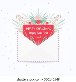 Vector open envelope and greeting card Merry Christmas and Happy New Year 2016 with fir tree branches christmas and berries