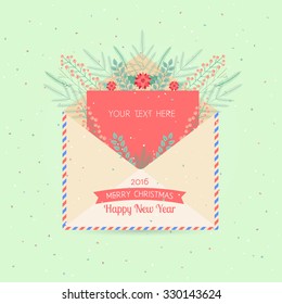 Vector open envelope and greeting card Merry Christmas and Happy New Year 2016 with fir tree branches christmas and berries. Place rof text