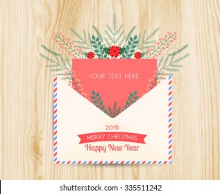 Vector open envelope and greeting card Merry Christmas and Happy New Year 2016 with tree branches and berries on a wood texture background. Place for text