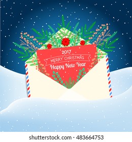 Vector open envelope and greeting card Merry Christmas and Happy New Year 2017 with tree branches, Winter evening landscape background