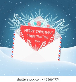 Vector open envelope and greeting card Merry Christmas and Happy New Year 2017 with frozen tree branches, Winter evening landscape background
