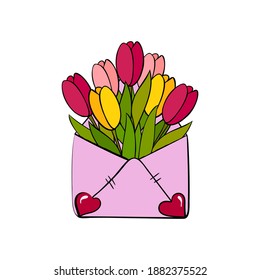 Vector open envelope in pink color with a bouquet of tulips and hearts on the envelope in doodle style Spring design for invitations, cards, greeting for Valentine's Day, mothers and weddings.