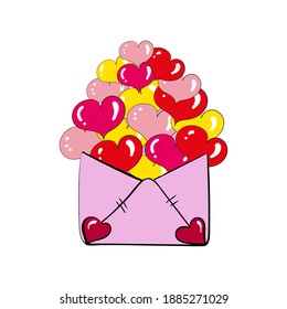 Vector open envelope in pink color with hearts and hearts on the envelope in doodle style Spring design for invitations, cards, greeting for Valentine's Day, mothers and weddings.