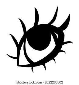 Vector open eye with eyelashes, ink art element isolated on white background. Funny illustration for seasonal design, textile, decoration kids playroom or greeting card. Hand drawn prints and doodle.