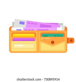 Vector open flat wallet with cards and cash. Wallet Icon in trendy flat style isolated on white background. Wallet symbol for your web site design, logo, app, UI. Vector colorful illustration.