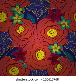 Vector open flowers and buds seamless pattern in red, orange and blue colors. A vintage style watercolor drawing of a branch of red, orange and blue roses.