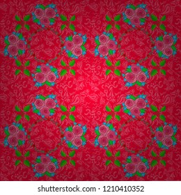 Vector open flowers and buds seamless pattern in red, pink and green colors. A vintage style watercolor drawing of a branch of red, pink and green roses with green leaves.
