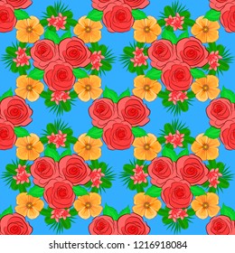 Vector open flowers, buds seamless pattern in green, orange and blue colors. A vintage style watercolor drawing of a branch of green, orange and blue roses and green leaves.