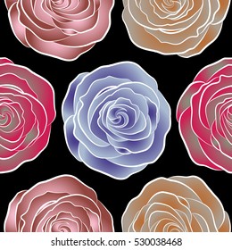 Vector open flowers and buds seamless pattern on a black background. A vintage style watercolor drawing of a branch of brown, neutral and violet roses.