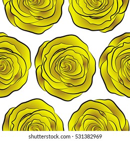 Vector open flowers and buds seamless pattern on a white background. A vintage style watercolor drawing of a branch of brown and yellow roses.