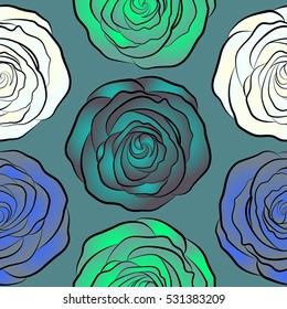 Vector open flowers and buds seamless pattern in green, blue and neutral colors. A vintage style watercolor drawing of a branch of green, blue and neutral roses.