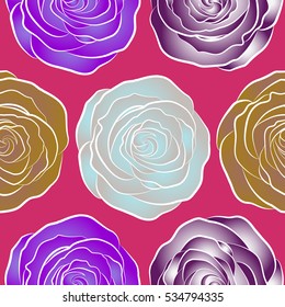 Vector open flowers and buds seamless pattern in violet, neutral and brown colors. A vintage style watercolor drawing of a branch of violet, neutral and brown roses.
