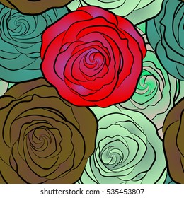 Vector open flowers and buds seamless pattern. A vintage style watercolor drawing of a branch of multicolor roses.