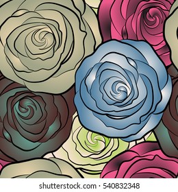 Vector open flowers and buds seamless pattern. A vintage style watercolor drawing of a branch of multicolor roses.