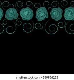 Vector open flowers and buds seamless pattern in blue colors. A vintage style watercolor drawing of a branch of horizontal blue roses with copy space (place for your text).