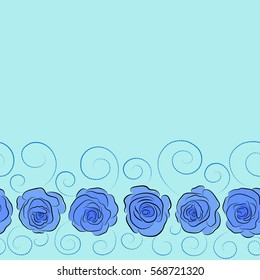 Vector open flowers and buds seamless pattern in neutral and blue colors. A vintage style watercolor drawing of a branch of horizontal neutral and blue roses with copy space (place for your text).