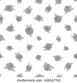 Vector open flowers and buds seamless pattern on a white background. A vintage style watercolor drawing of a branch of gray and neutral roses.