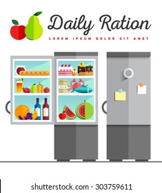 Vector open fridge full of healthy fresh food. Natural vegetables and fruit in flat style. Diet or lifestyle illustration. Daily meal, organic ration