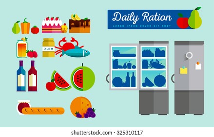 Vector open fridge full of healthy fresh food. Natural vegetables and fruit in flat style. Diet or lifestyle illustration. Daily meal, organic ration. Kitchen staff