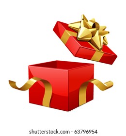 Vector open gift box with glossy gold bow