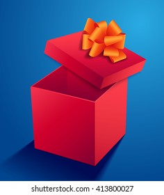 Vector open gift box illustration. Single pink gift box with orange ribbon on blue background. Greeting card