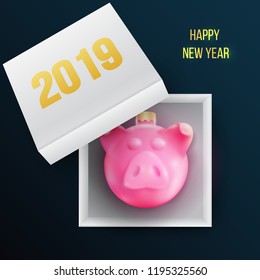 Vector open gift box with pig toy. Happy new year design concept. Minimalistic trendy illustration background for branding banner, cover, poster, card.