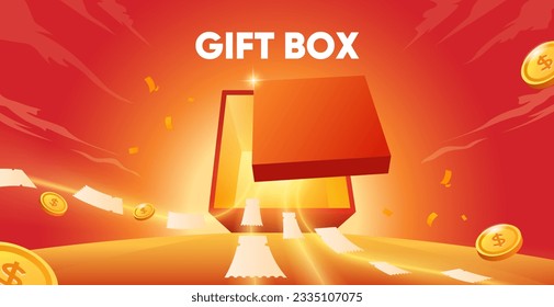 Vector open gift box top view with discount card and coin flying out - Shutterstock ID 2335107075